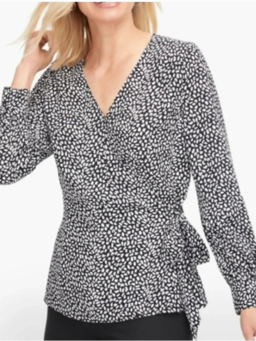 Talbots black and white wrap blouse with side tie size XL petite VGUC